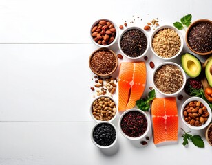 Healthy Eating - Salmon, Nuts, Seeds, and Avocado on White Background.