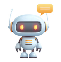 Fototapeta premium Friendly robot character with orange speech bubble, chatbot, customer service and communication concepts, isolated on transparent background