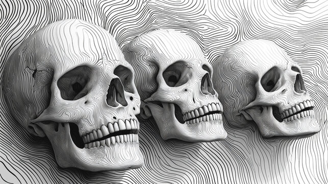 Three Stylized Skulls with Topographic Lines human skulls