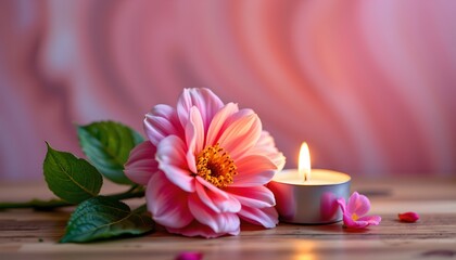 A serene setting with a single pink flower resting in front of a lit candle placed on a wooden surface