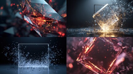 Abstract shattered crystals, colorful glass cube explosions, and geometric art