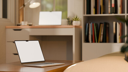Realistic 3D rendering of modern home workspace with laptop on a wooden desk, bookshelf, and contemporary decor
