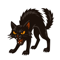 An aggressive black cat with an arched back and tail. The silhouette is suitable for Halloween and prints. Flat vector illustration on a white background.