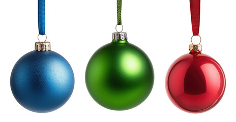 Three vibrant Christmas baubles in blue, green and red colors with ribbons isolated on transparent background