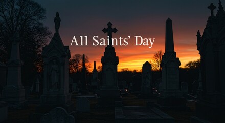 Naklejka premium Haunting All Saints Day Cemetery Sunset Memorial Graves Remembrance Photography Spiritual Reflection