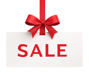 White gift card with red "SALE" text and red ribbon bow, isolated on transparent background
