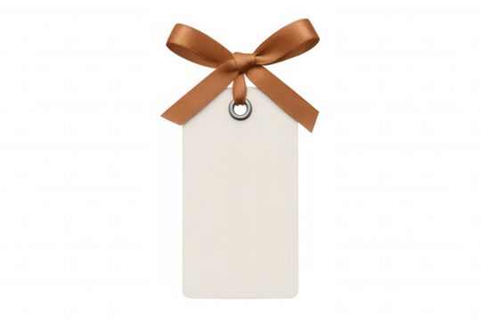 Blank white gift tag with elegant brown ribbon bow, featuring space for custom message or price, on transparent background