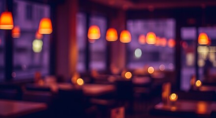 Cozy Cafe Ambiance Blurred Interior with Warm Orange Lighting and a Touch of Purple Hues