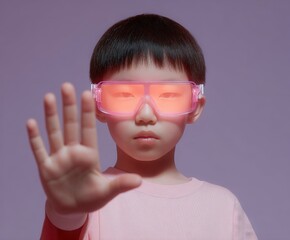 Futuristic child wearing neon goggles projects digital barrier, embracing virtual reality's future