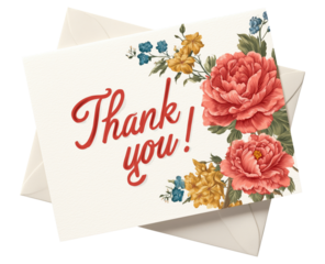 Beautiful thank you card with vintage floral design featuring pink roses and yellow flowers, isolated on transparent background