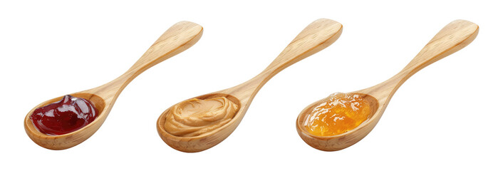 Three wooden spoons containing different spreads - jam, and peanut butter, isolated on transparent background