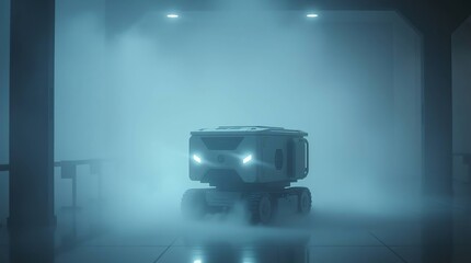 Futuristic Robot in Foggy Corridor.