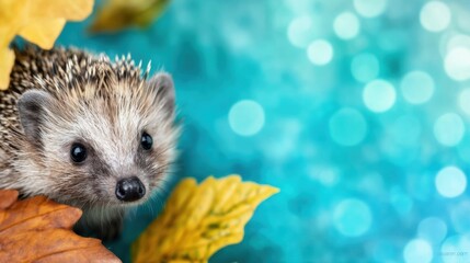Fototapeta premium Cute hedgehog exploring colorful leaves by a shimmering background