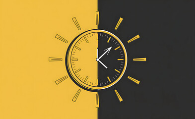Classic roman numeral clock face divided by a stark color contrast of yellow and black