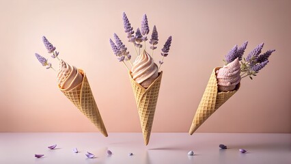 Three ice cream cones with lavender flowers, creatively presented in a whimsical and artistic dessert concept