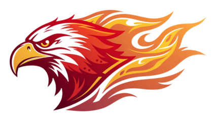Illustration of a phoenix head with fiery plumage against a black background design element