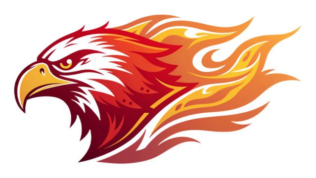 Illustration of a phoenix head with fiery plumage against a black background design element
