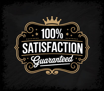 Vintage 100 percent satisfaction guaranteed emblem with ornate golden border and crown