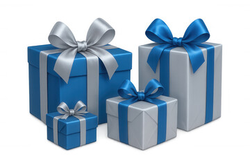 Blue and silver gift boxes with bow ribbons celebrating holidays, anniversaries, and special occasion surprises