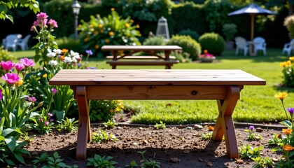 An outdoor setting features two picnic tables with wooden benches in front of them, set up for social gatherings