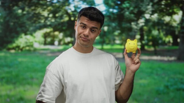 Young hispanic man makes a gesture while holding a yellow piggy bank in an outdoor park setting, wearing a white shirt, conveying a playful and observational mood.