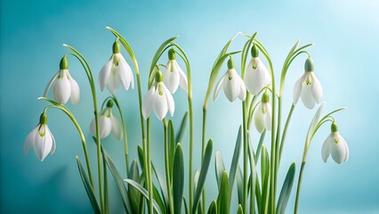 A cluster of delicate white snowdrop flowers with green stems and leaves emerges against a soft blue background, signifying springs arrival