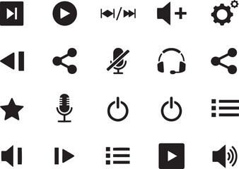 Set of black multimedia control icons simple flat vector glyphs for user interface design isolated on white background