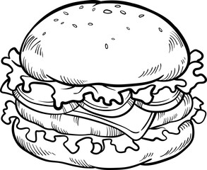 Detailed Line Art of Hamburger with Bun Lettuce Tomato and Cheese on Transparent Background Classic American Fast Food Black and White Illustration