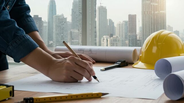 Professional draftsman creates detailed architectural plans at a desk with a view of the city