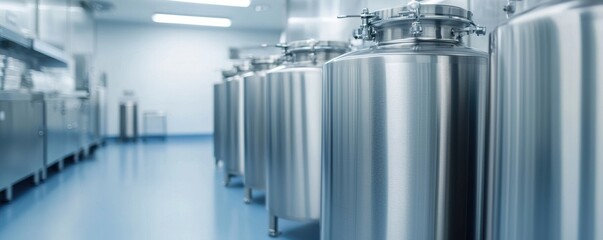 A sleek, modern laboratory featuring stainless steel cryogenic tanks against a clean, blue floor, emphasizing a high-tech environment.