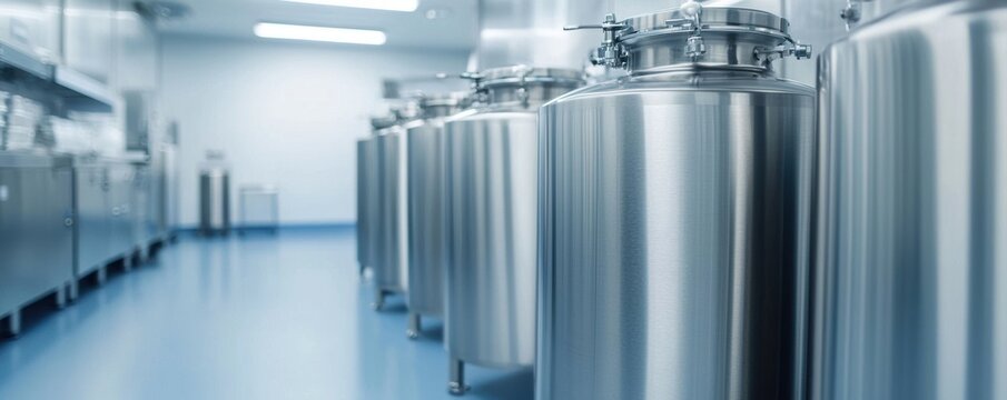 A sleek, modern laboratory featuring stainless steel cryogenic tanks against a clean, blue floor, emphasizing a high-tech environment.