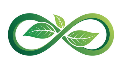 Green infinity symbol intertwined with leaves representing growth and sustainability on a black background