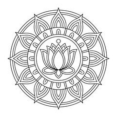 Lotus Mandala Flower Vector, Spiritual Yoga Meditation Coloring Page, Sacred Lotus Mandala Design, Black and White Line Art Vector Illustration, Mandala with Lotus Flower Pattern,  Zen Relaxation.