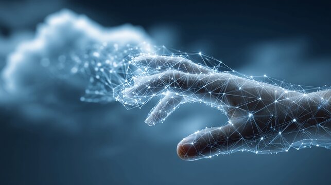 Futuristic hand reaching out, enveloped in glowing digital network and abstract cloud, symbolizing technological connection and innovation in a dark, atmospheric setting.