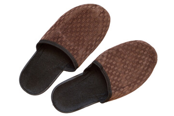 Brown house slippers isolated on a white background. Two slippers close-up