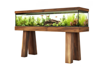 Aquarium fish tank with wooden stand, aquatic plants and decoration, freshwater aquarium, home decor, pet fish isolated on transparent background