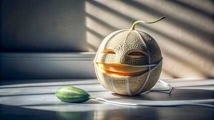 A cantaloupe with a carved face wearing a medical mask sits on the floor, with a small cucumber nearby, illuminated by sunlight through blinds