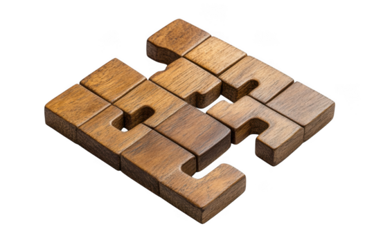 Intricate wooden burr puzzle interlocking pieces brain teaser challenge game design element, mind bender, problem solving isolated on transparent background