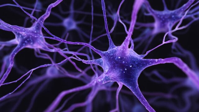 Intricate Network of Neurons Displaying Synaptic Connections and Glial Cells, Highlighting the Complex Interactions Within the Nervous System, Illustrated in Vibrant Purple Shades Against a Dark
