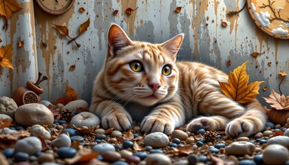 A tabby cat with striking orange eyes sits amidst autumn leaves and small rocks, exuding a calm and serene demeanor.