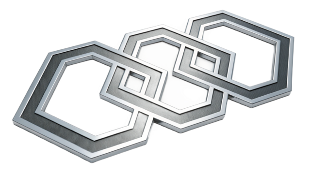 A metallic interlocking design featuring hexagons and squares on a black background with a subtle shadow