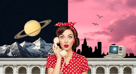 A surprised retro woman on a phone call with a surreal split background of space and a pink city.