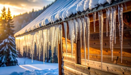 Winter icicles on cabin roof