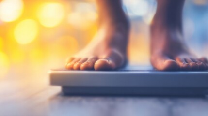 Feet standing on a bathroom scale during early morning light