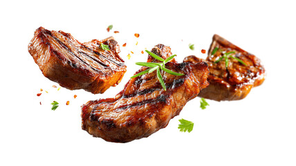 Grill Pork Chops, Beef steaks, realistic 3d brisket flying in the air, grilled meat collection isolated on a white background