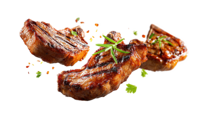 Grill Pork Chops, Beef steaks, realistic 3d brisket flying in the air, grilled meat collection isolated on a white background