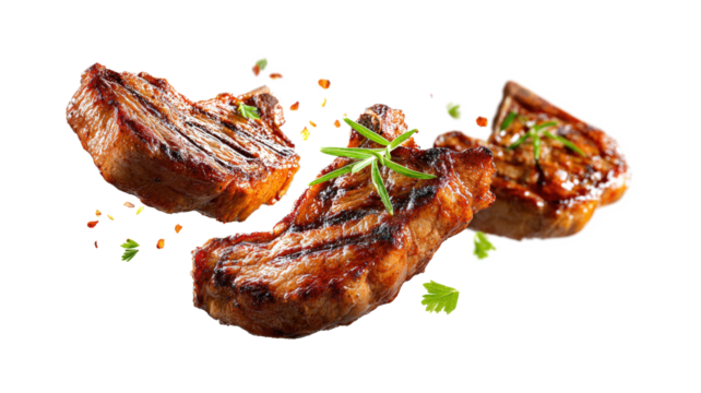 Grill Pork Chops, Beef steaks, realistic 3d brisket flying in the air, grilled meat collection isolated on a white background