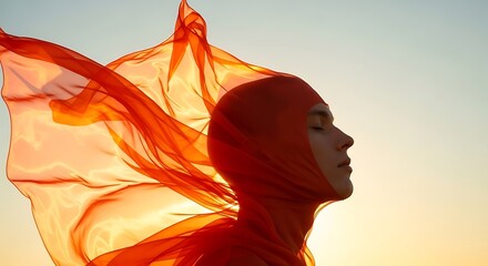 Woman with flowing orange fabric against a bright sky at sunset, eyes closed in peaceful contemplation.