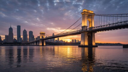 Fototapeta premium Majestic Suspension Bridge Illuminated by Sunset Over City Skyline