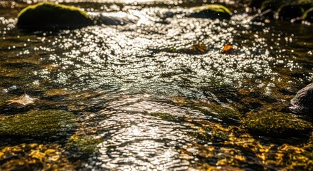 Sunlight reflecting on flowing river water with rocks and moss.